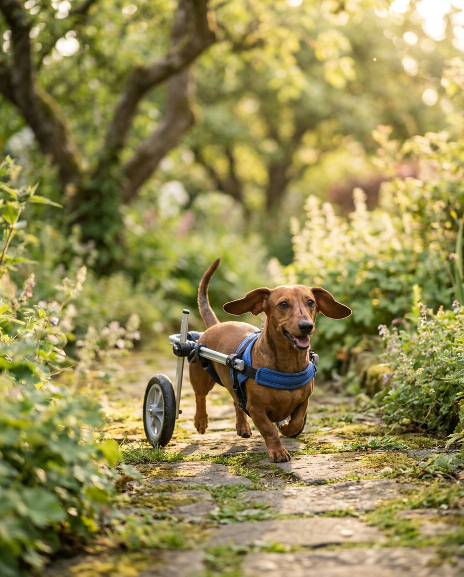 Small dachshund walking in a compact rear-support wheelchair on a sunlit UK garden path