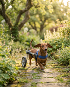 Small dachshund walking in a compact rear-support wheelchair on a sunlit UK garden path
