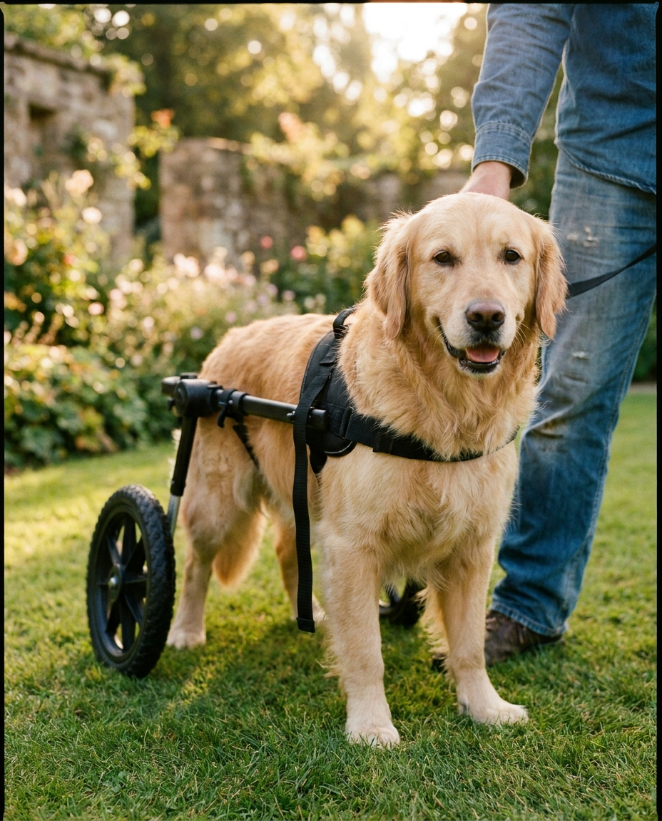 Golden retriever supported by a black padded hind-leg wheelchair harness on a garden lawn