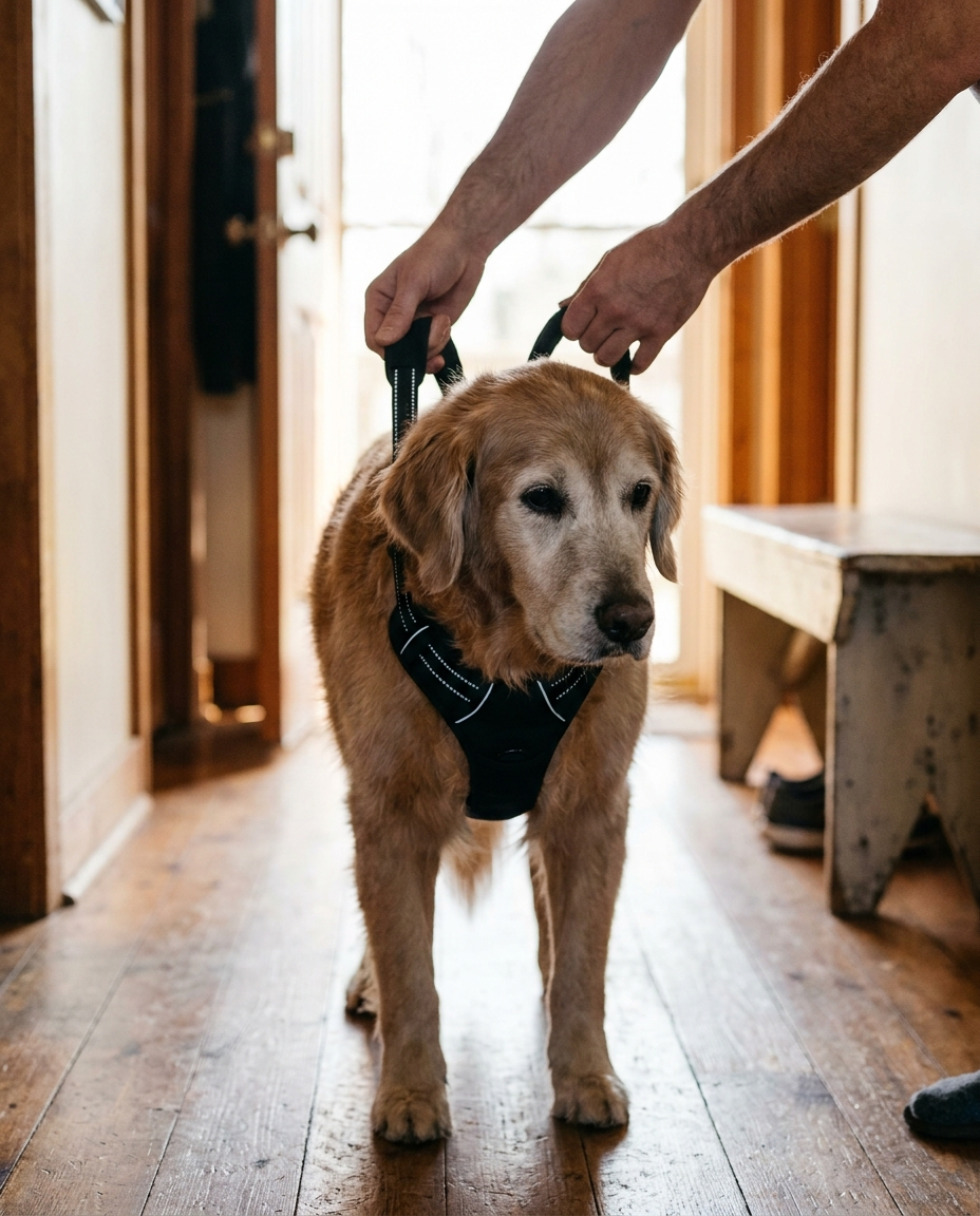 Senior golden retriever being gently lifted by owner using a padded recovery harness
