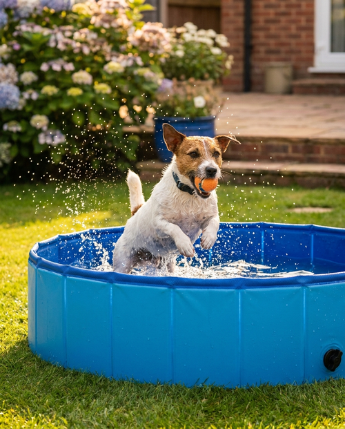 Jack russell splashing in a blue foldable paddling pool on a UK garden lawn
