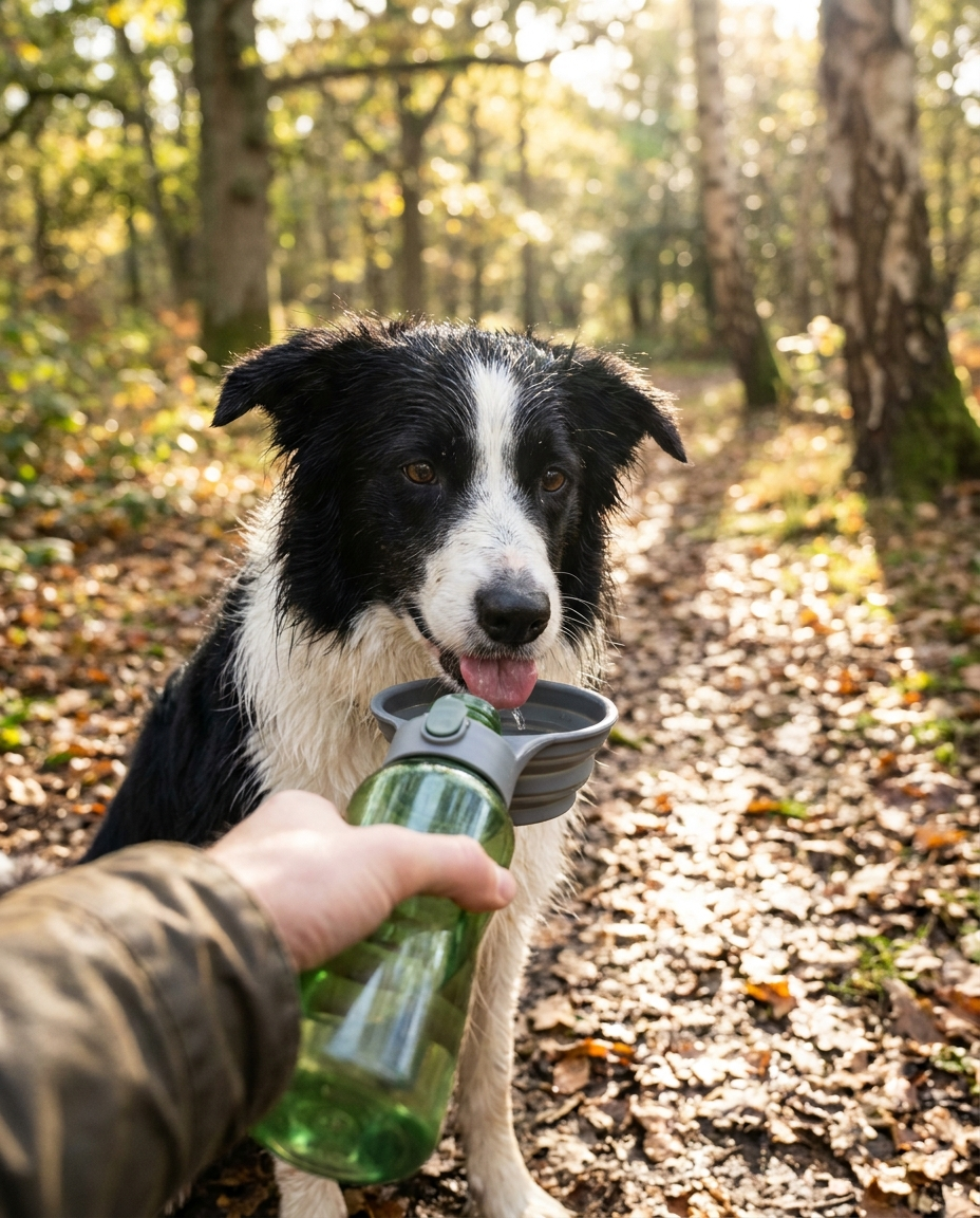 Border collie drinking from a portable dog water bottle on a UK woodland trail