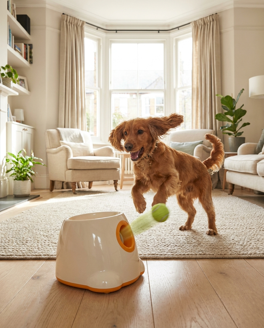 Cocker spaniel about to catch a tennis ball from an automatic ball launcher indoors