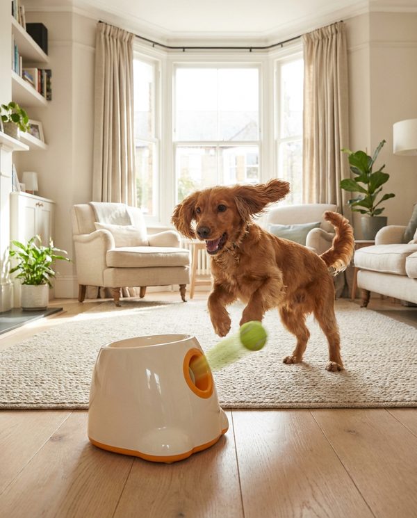 Cocker spaniel about to catch a tennis ball from an automatic ball launcher indoors