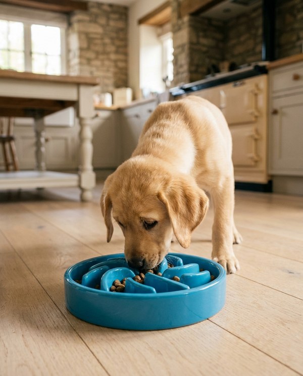 Labrador puppy eating from a blue slow-feed puzzle dog bowl in a bright UK kitchen