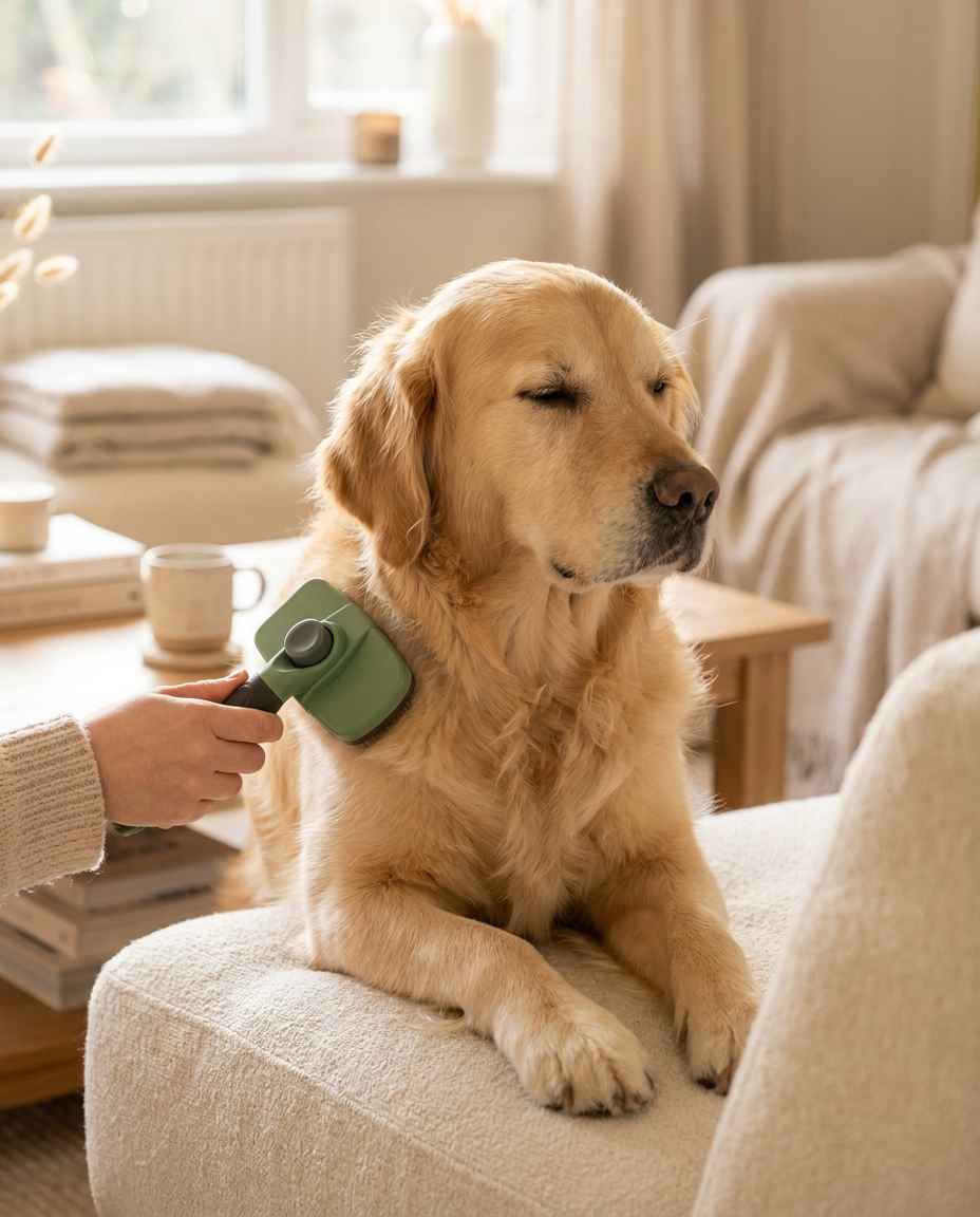 Long-haired golden retriever being groomed with a green self-cleaning slicker brush
