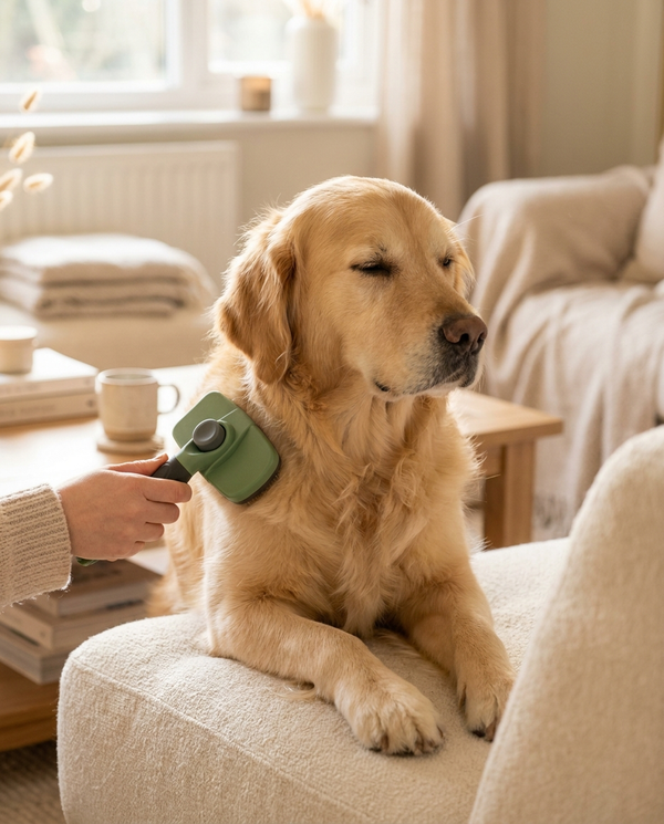 Long-haired golden retriever being groomed with a green self-cleaning slicker brush
