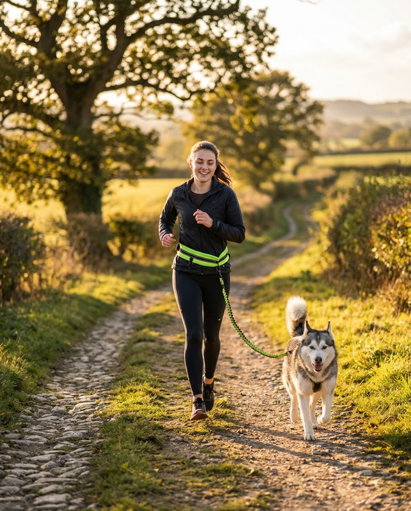 Runner jogging along a UK countryside path with a happy dog on a hands-free bungee leash