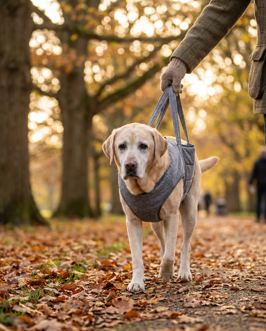 Owner supporting a senior labrador's hind legs with a padded rehabilitation sling in a park
