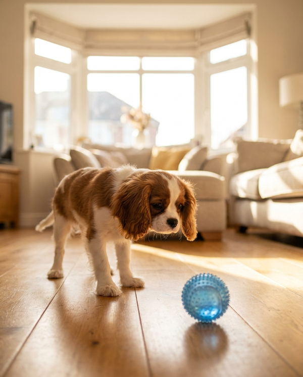Cavalier king charles spaniel watching a small blue smart interactive dog ball on wooden floor