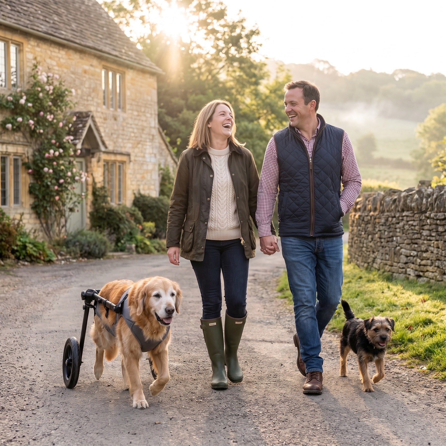 Emma and James walking their two dogs at golden hour, the older dog in a rear-support wheelchair
